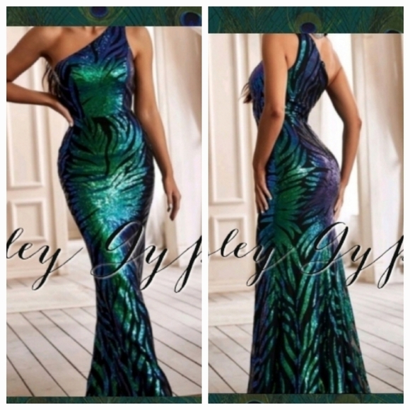 One Shoulder Peacock Blue and Green Contrast Sequin Mermaid Style Gown - Picture 1 of 16